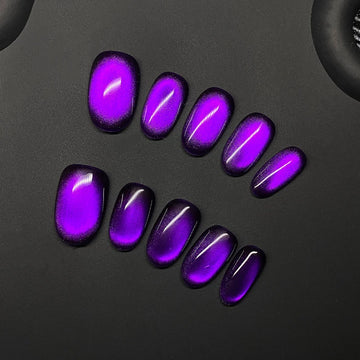 Qfdian 10PCS Handmade Short Oval Press on Nails Cat Eye Glitter False Nails Manicure Art for Wearable Adhesive Fake Nails Purple Tips